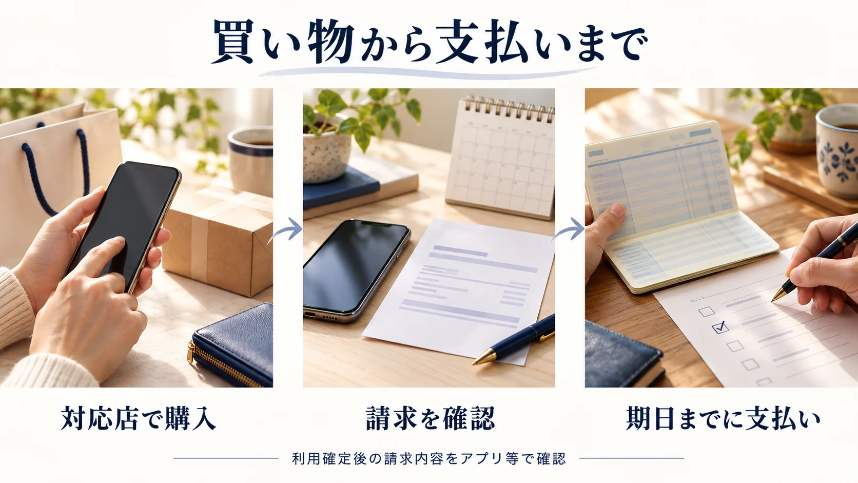 ペイディの利用の流れ:対応店で購入し、請求を確認して、期日までに支払う