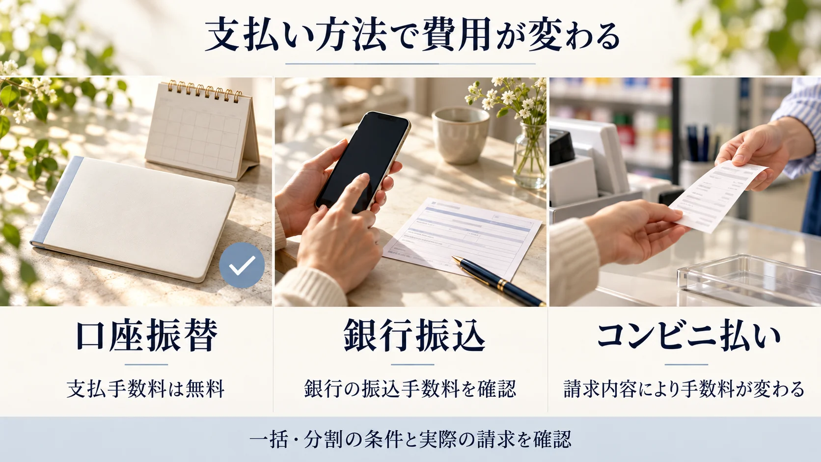 口座振替は支払手数料無料、銀行振込は銀行所定の手数料、コンビニ払いは請求内容に応じた手数料がかかる