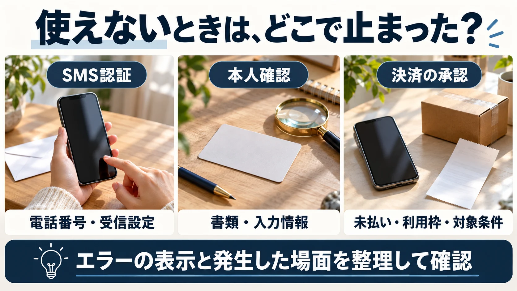 SMS認証は電話番号・受信設定、本人確認は書類・入力情報、決済の承認は未払い・利用枠・対象条件を確認する