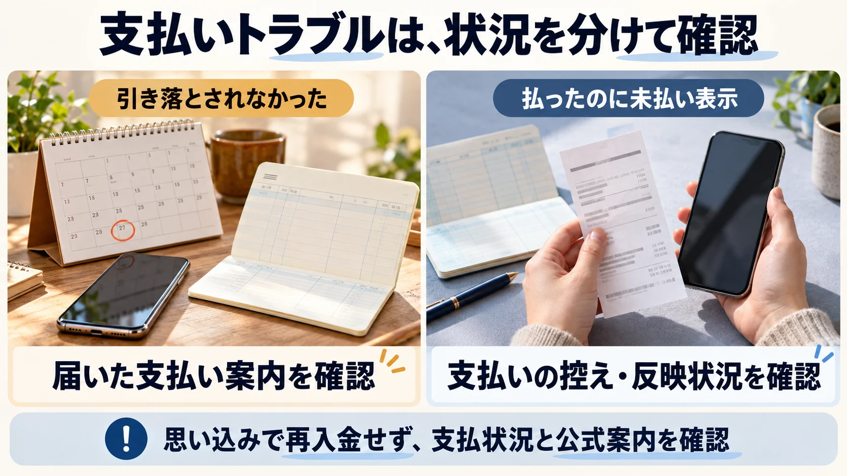 引き落とし失敗時は届いた支払い案内を確認し、支払い済みなのに未払い表示の場合は控えと反映状況を確認する