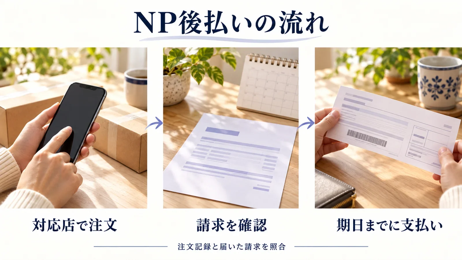 NP後払いの流れ:対応店で注文、請求を確認、期日までに支払い