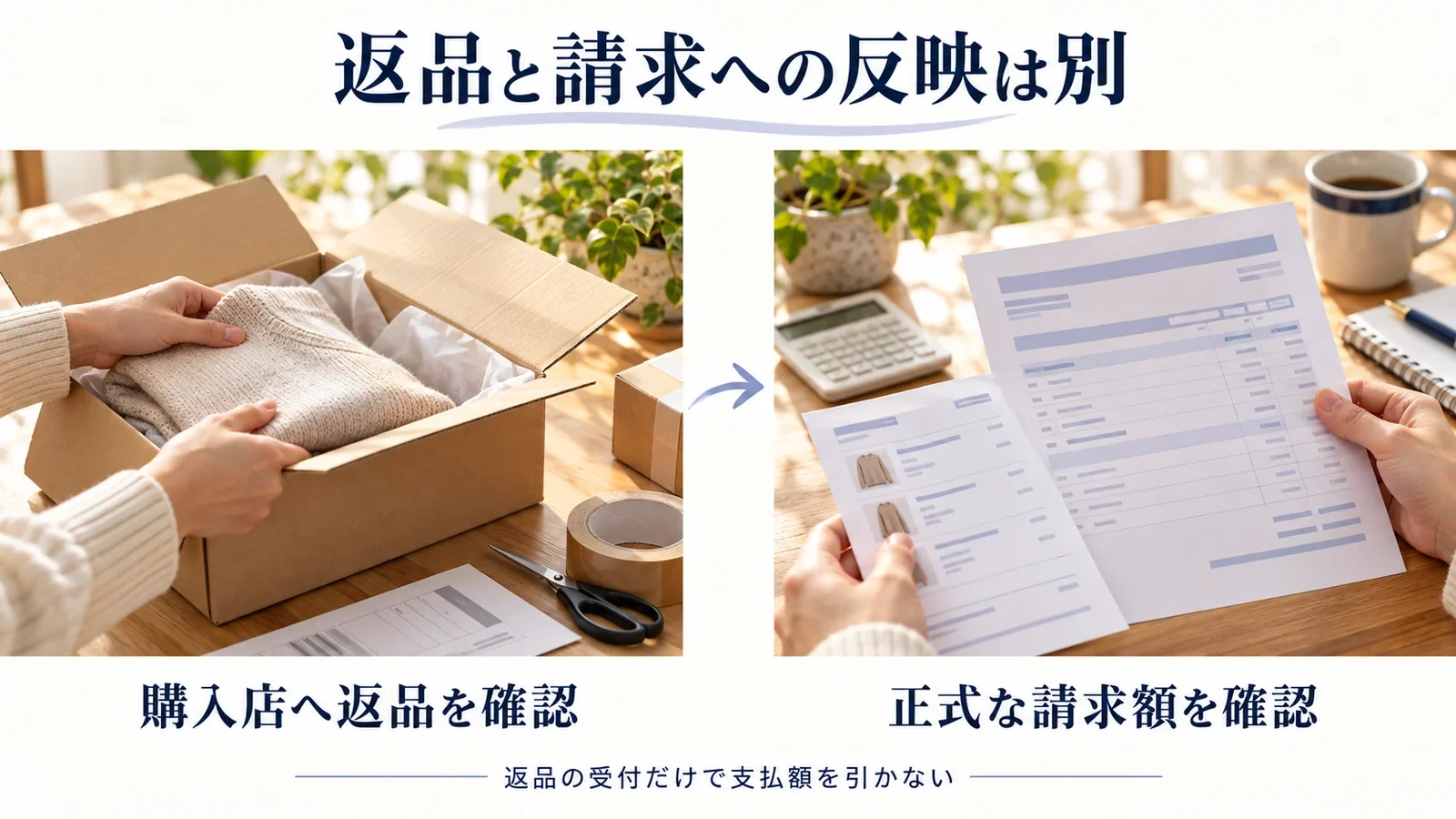返品は購入店へ確認し、NP後払いの正式な請求額への反映も確認する
