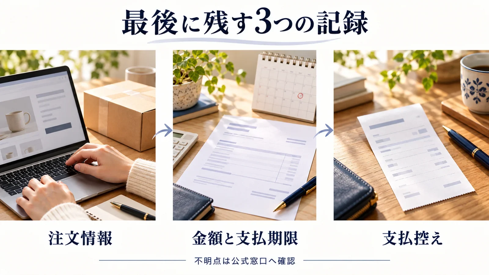 最後に残す記録は注文情報、金額と支払期限、支払控え