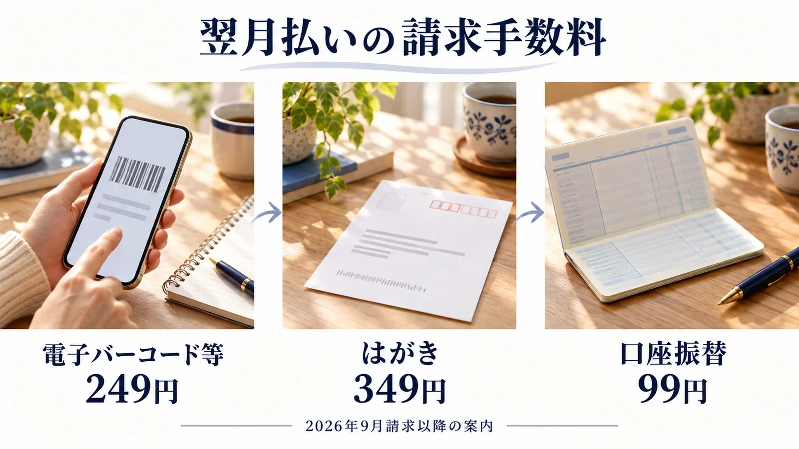 atone翌月払いの請求手数料は電子バーコード等249円、はがき349円、口座振替99円。2026年9月請求以降の案内