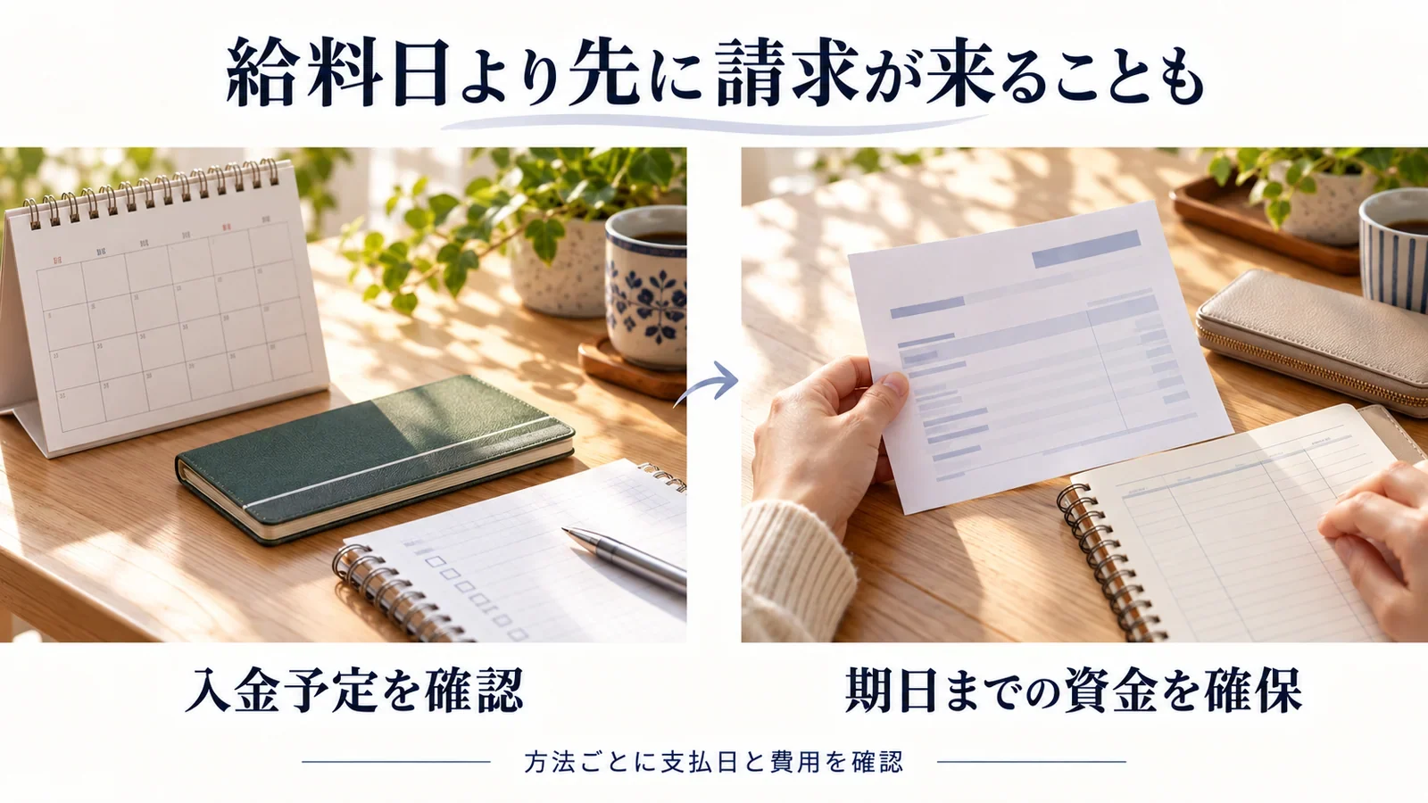 給料日より先に請求が来ることもあるため、入金予定を確認し、期日までの資金を確保する