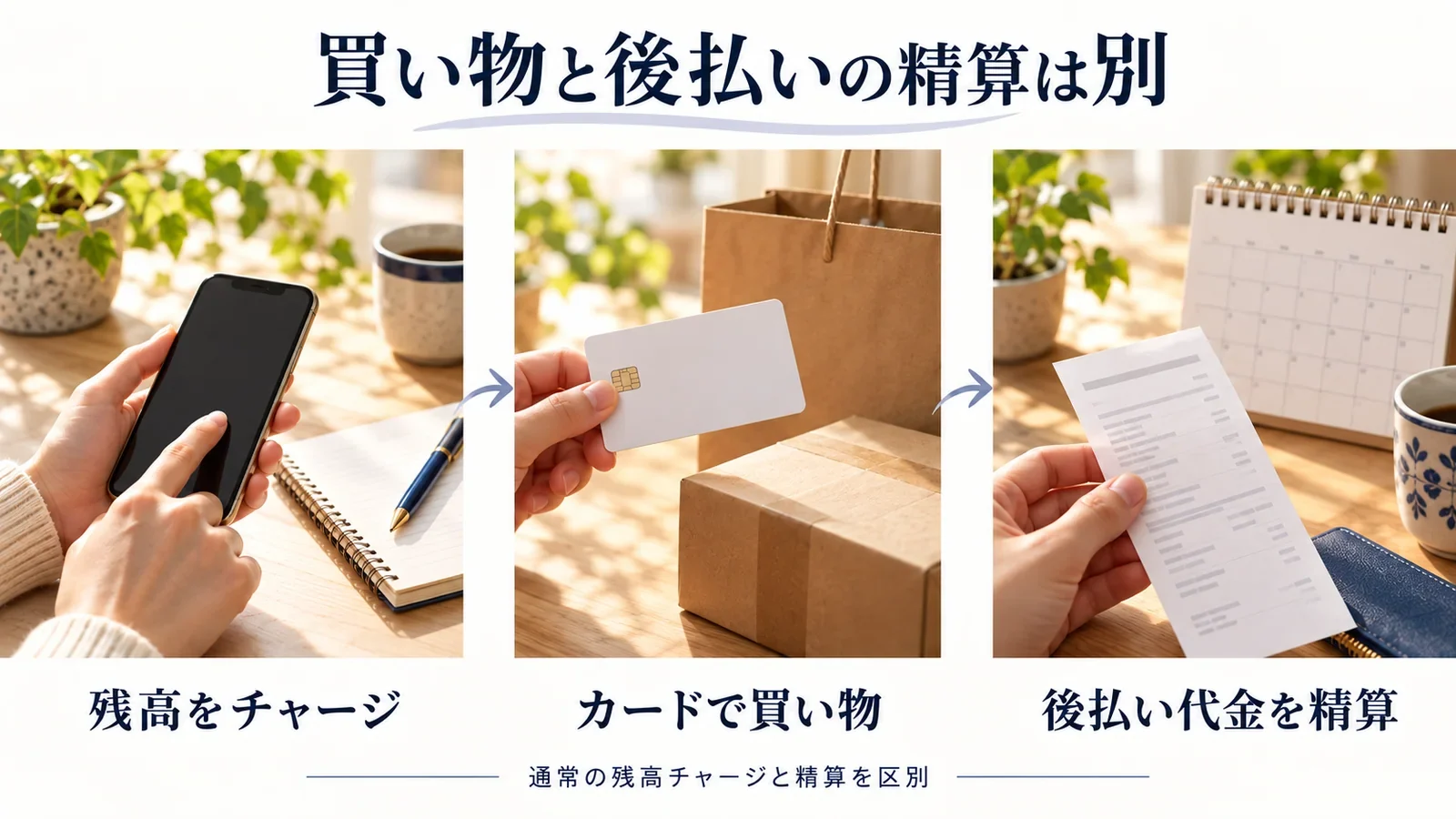 バンドルカードは残高をチャージして買い物をし、後払いのチャージ代金は別に精算する
