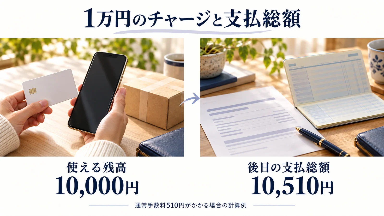 1万円のチャージでは使える残高は1万円、通常手数料510円がかかる場合の後日の支払総額は1万510円