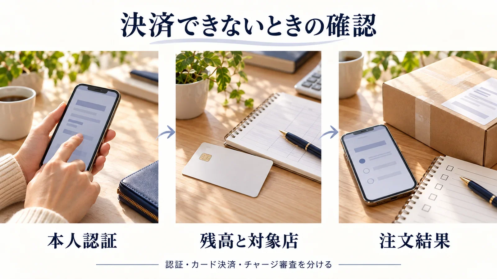 決済できないときは本人認証、残高と対象店、注文結果を確認する