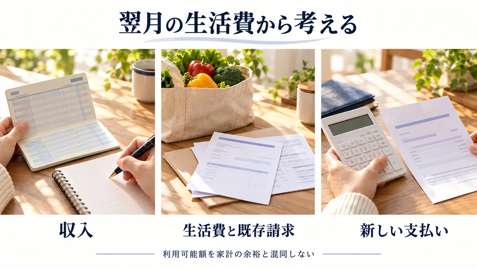 翌月の収入、生活費と既存請求、新しい支払いを並べて家計を確認する