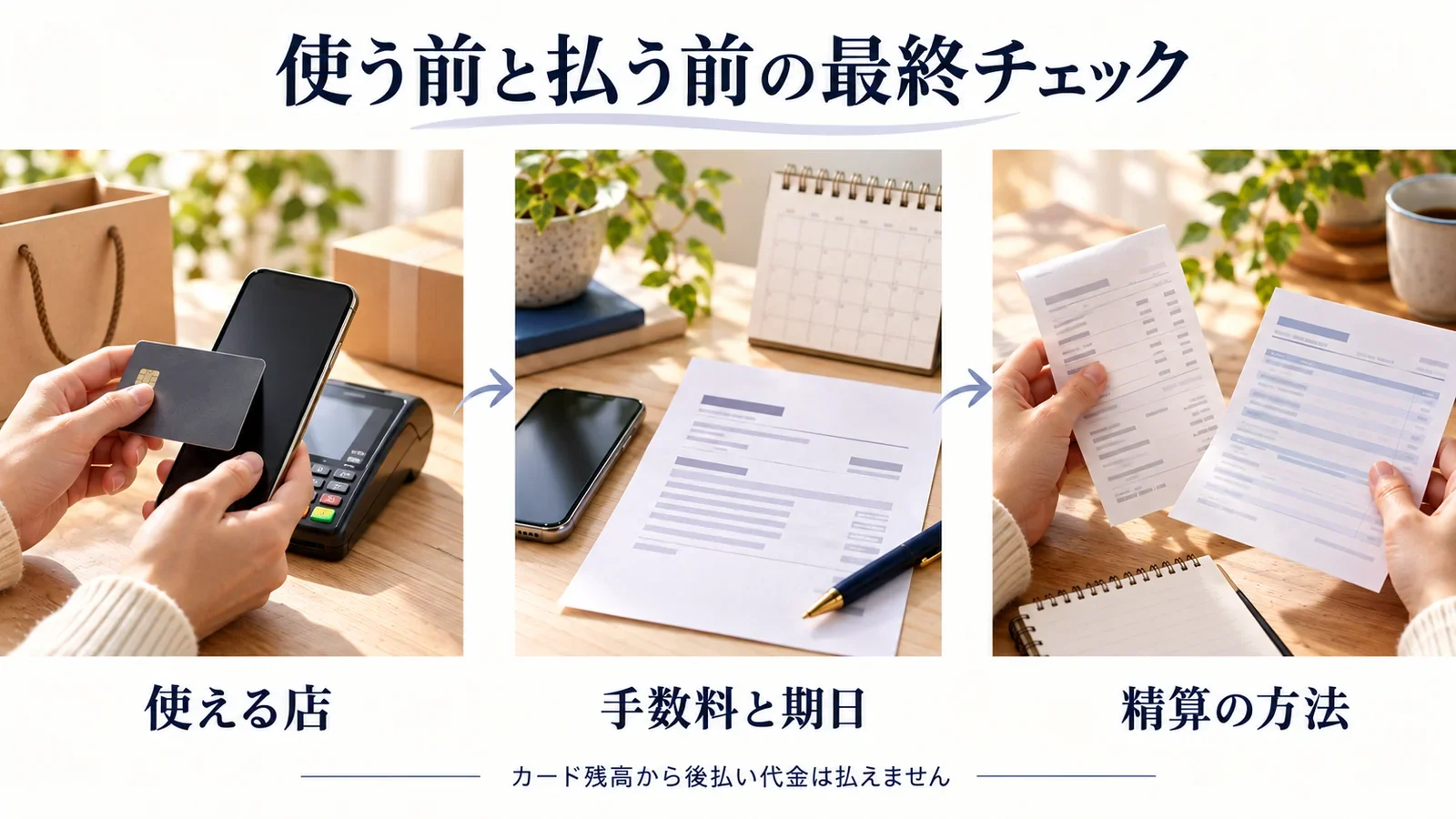 最後に使える店、手数料と期日、精算方法を確認する。カード残高から後払い代金は支払えない