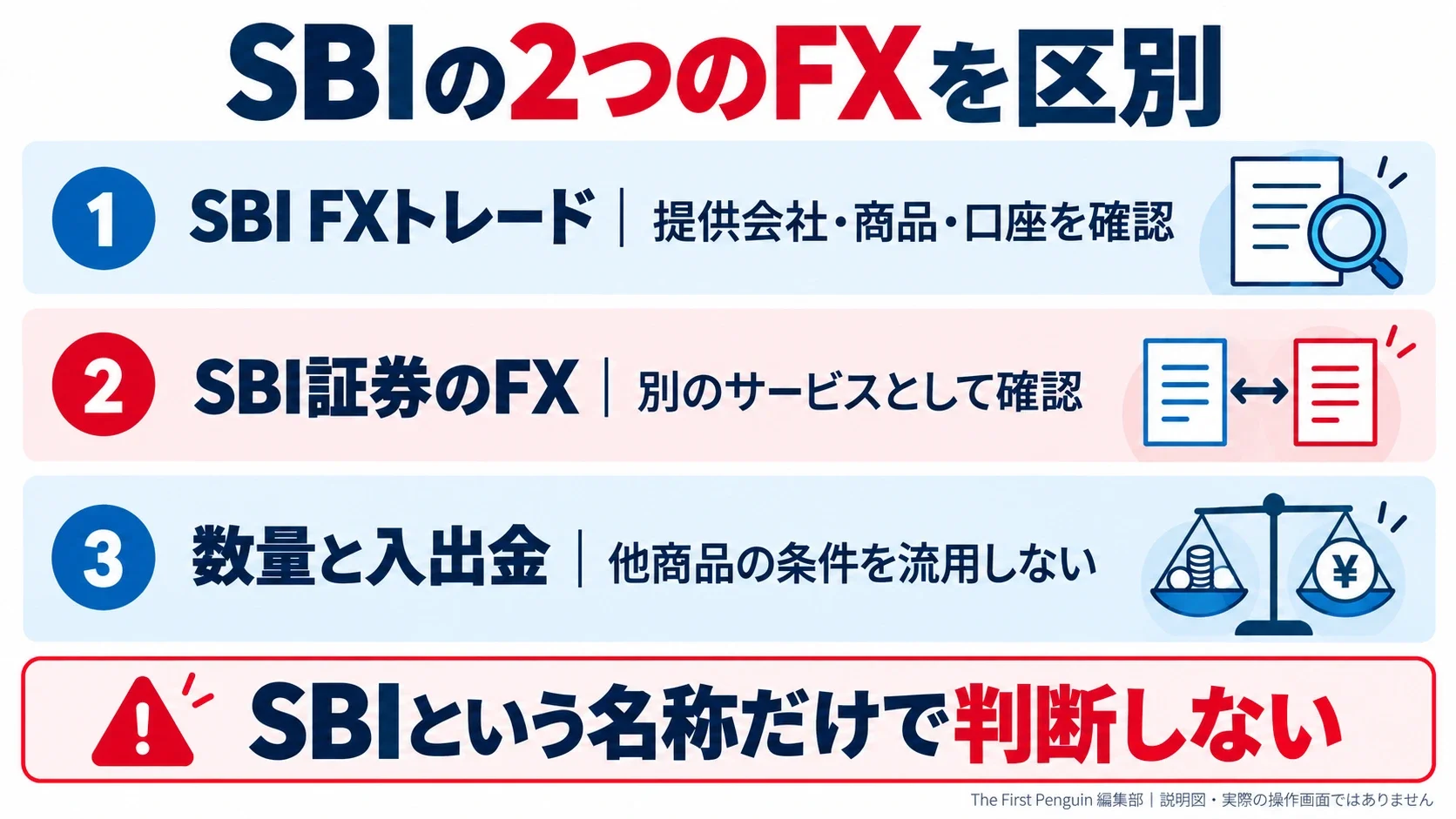 SBI FXトレード:SBIの二つのFXを分ける。SBI FXトレード:対象の会社・商品を確認/SBI証券のFX:別の口座と条件を確認/数量と入出金:別サービスの仕様を移さない