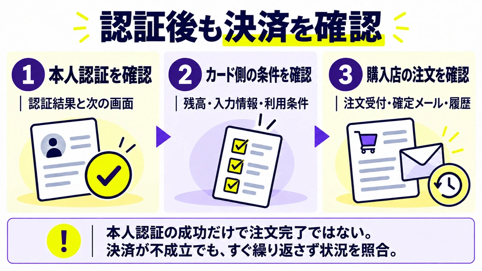 認証後も決済を確認:本人認証を確認(認証結果と次の画面)、カード側の条件を確認(残高・入力情報・利用条件)、購入店の注文を確認(注文受付・確定メール・履歴)