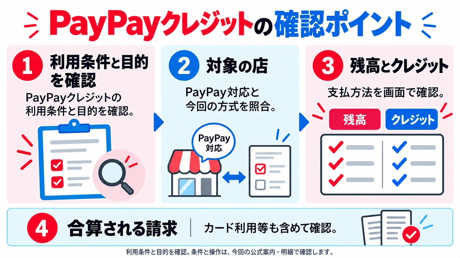 PayPayクレジット:利用条件と目的を確認。対象の店:PayPay対応と今回の方式を照合/残高とクレジット:支払方法を画面で確認/合算される請求:カード利用等も含めて確認