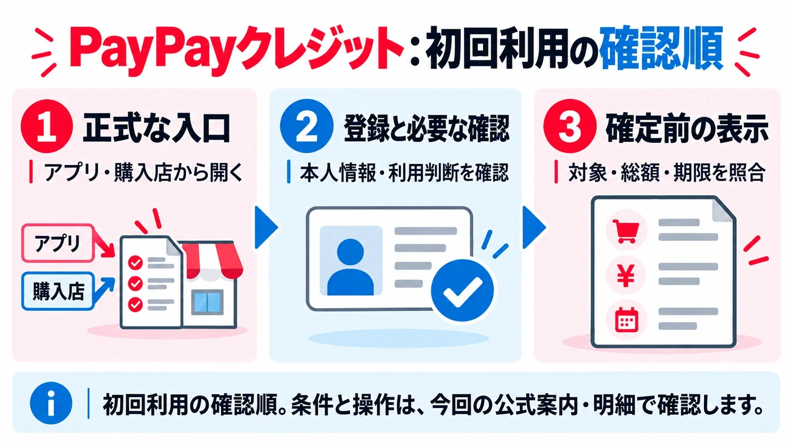 PayPayクレジット:初回利用の確認順。正式な入口:アプリ・購入店から開く/登録と必要な確認:本人情報・利用判断を確認/確定前の表示:対象・総額・期限を照合