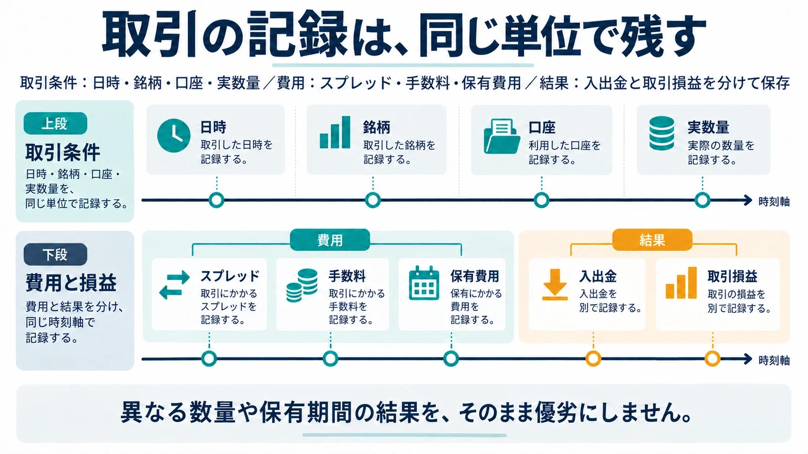 取引の記録は、同じ単位で残す。取引条件:日時・銘柄・口座・実数量/費用:スプレッド・手数料・保有費用/結果:入出金と取引損益を分けて保存。異なる数量や保有期間の結果を、そのまま優劣にしません。
