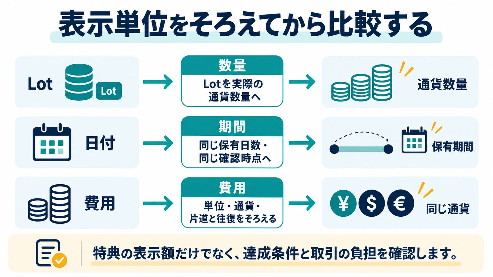 表示単位をそろえてから比較する。数量:Lotを実際の通貨数量へ/期間:同じ保有日数・同じ確認時点へ/費用:単位・通貨・片道と往復をそろえる。特典の表示額だけでなく、達成条件と取引の負担を確認します。