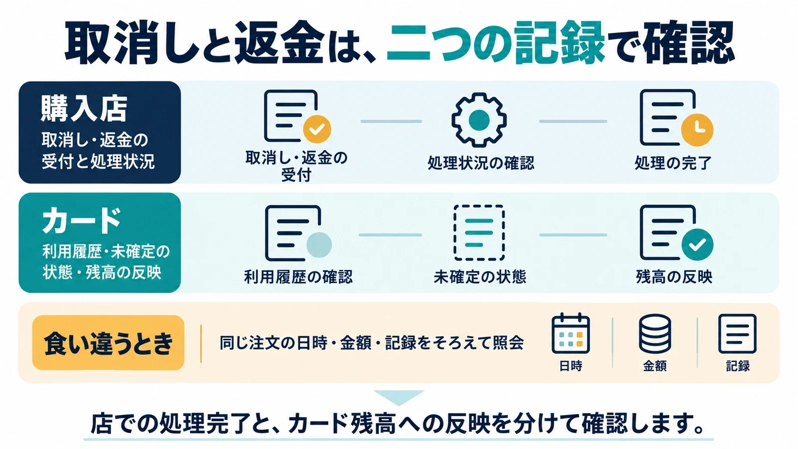 取消しと返金は、二つの記録で確認。購入店:取消し・返金の受付と処理状況/カード:利用履歴・未確定の状態・残高の反映/食い違うとき:同じ注文の日時・金額・記録をそろえて照会。店での処理完了と、カード残高への反映を分けて確認します。