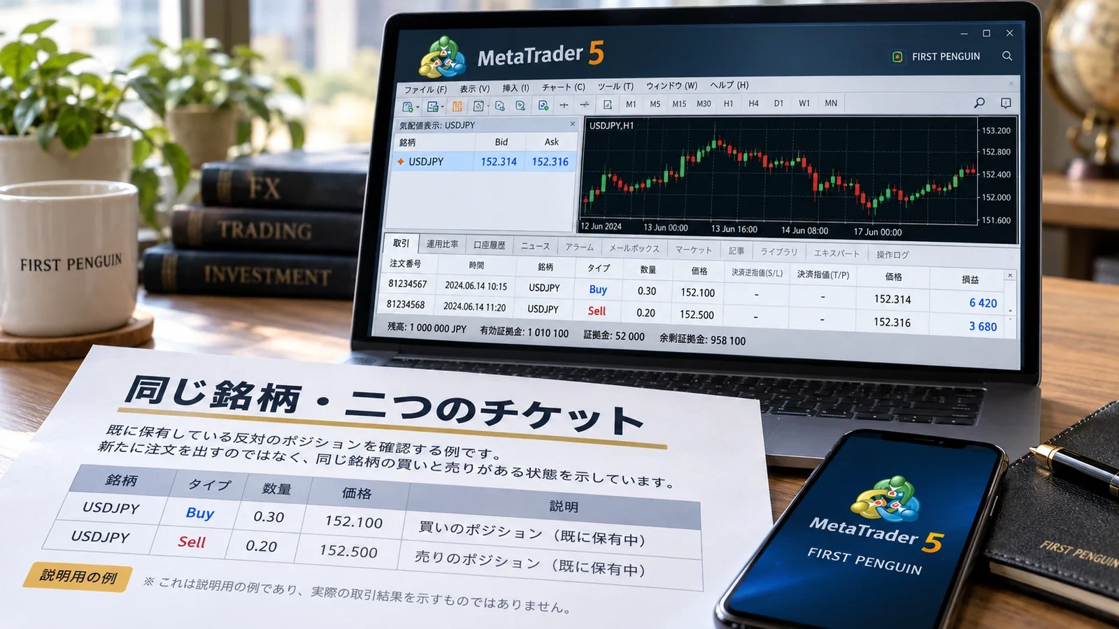 MT5で同じ銘柄の二つの反対ポジションを照合するイメージ