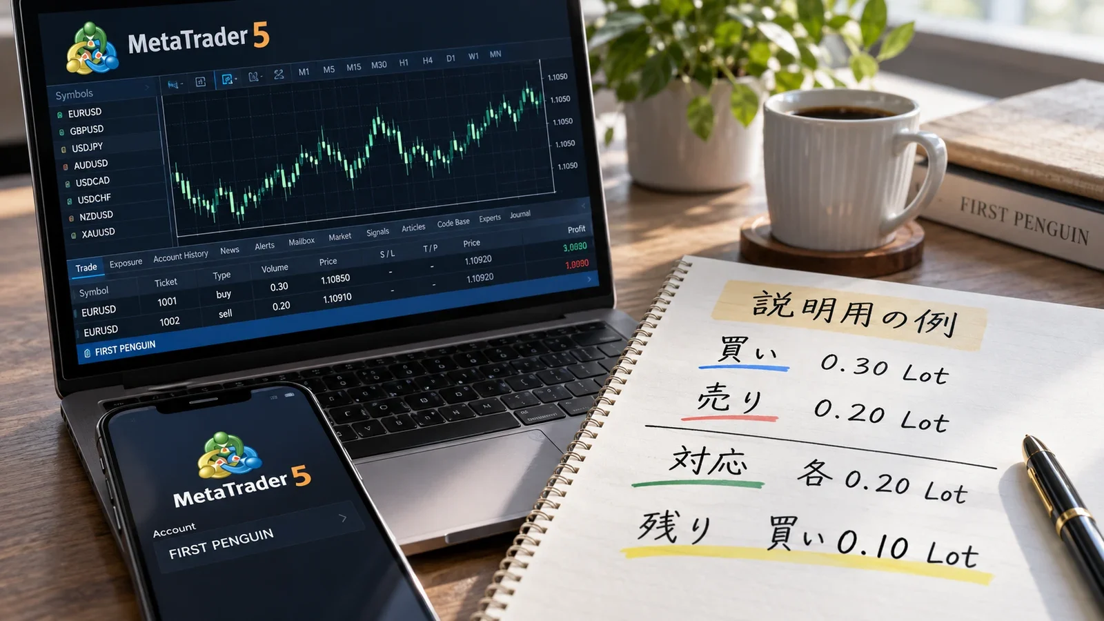 買い0.30Lotと売り0.20Lotから買い0.10Lotが残る数量例