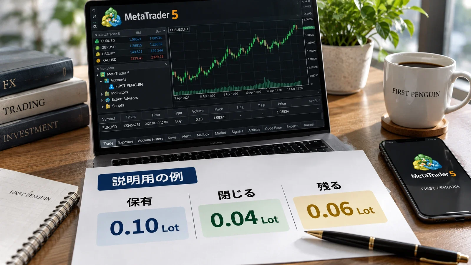 保有0.10Lotから0.04Lotを閉じて0.06Lotが残る説明例