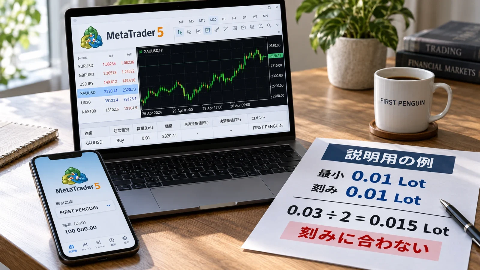 最小と刻みが0.01Lotの場合に0.015Lotが刻みに合わない例