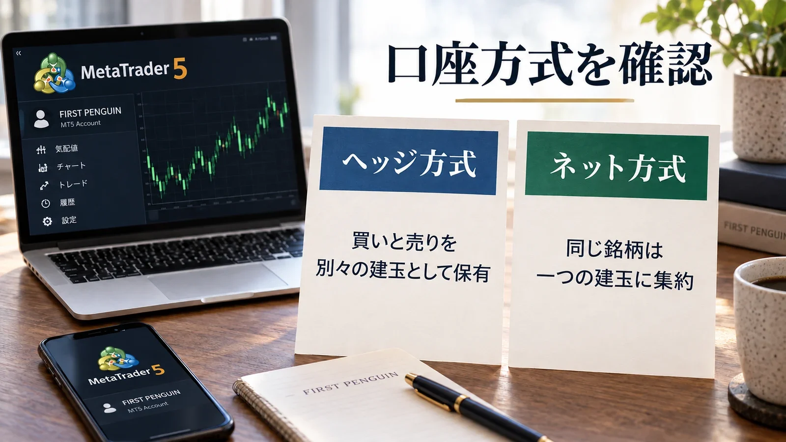 MT5のヘッジ方式とネット方式で建玉の管理方法を分けるイメージ