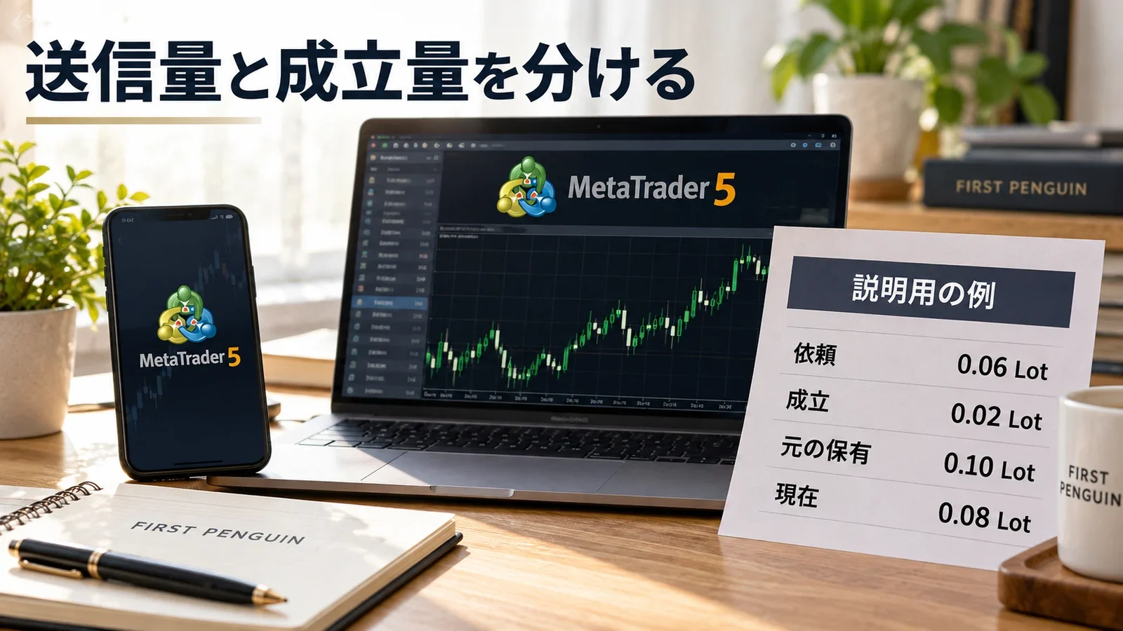 依頼0.06Lotと成立0.02Lotを区別し現在の保有0.08Lotを確認する例