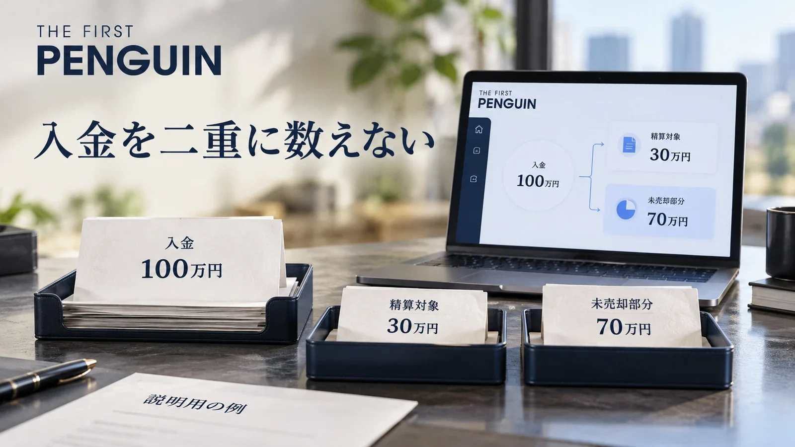 100万円の入金から精算対象30万円と未売却部分70万円を分ける説明用イメージ