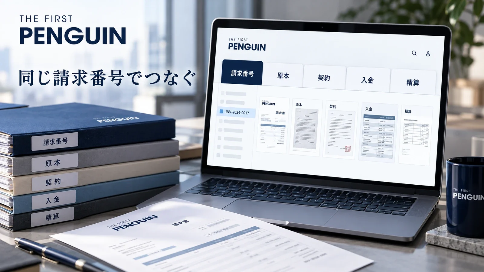 同じ請求番号で原本・契約・入金・精算記録をつなぐ台帳の説明用イメージ