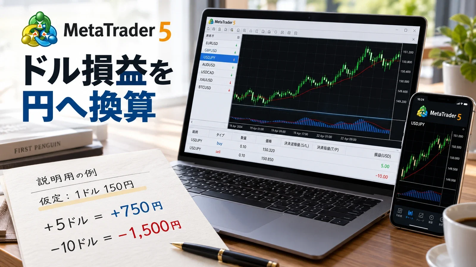 1ドル150円の仮定でドル損益を円へ換算する説明用イメージ