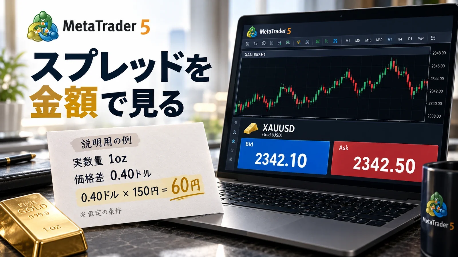 実数量1オンスと仮の価格差0.40ドルを60円へ換算する説明用イメージ