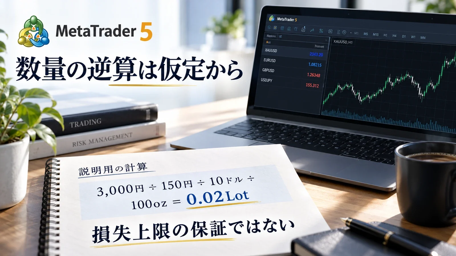 仮の損失計算額3,000円から0.02ロットを逆算し保証と区別する説明用イメージ