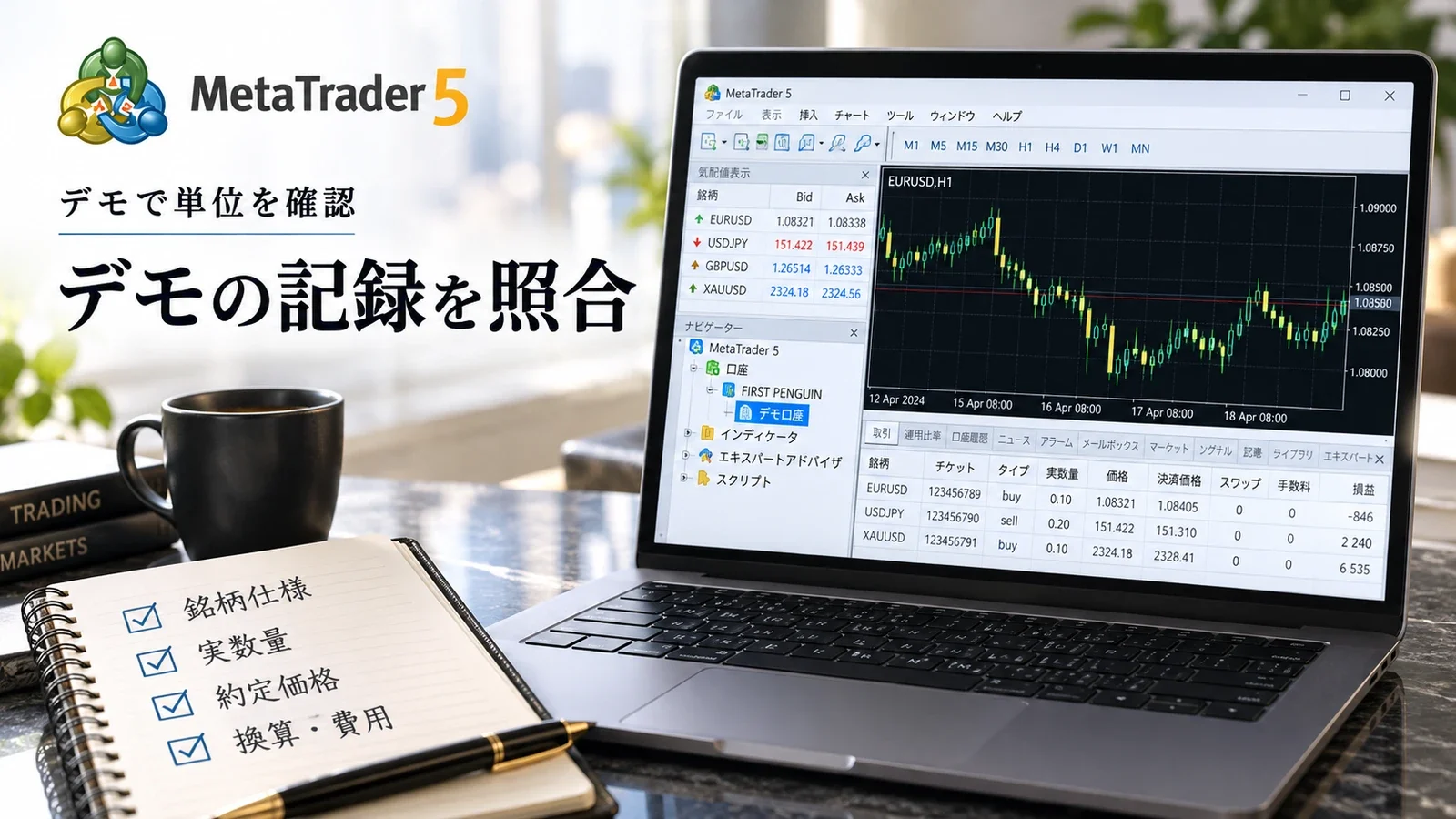 デモで銘柄仕様・実数量・約定価格・換算と費用を照合する説明用イメージ