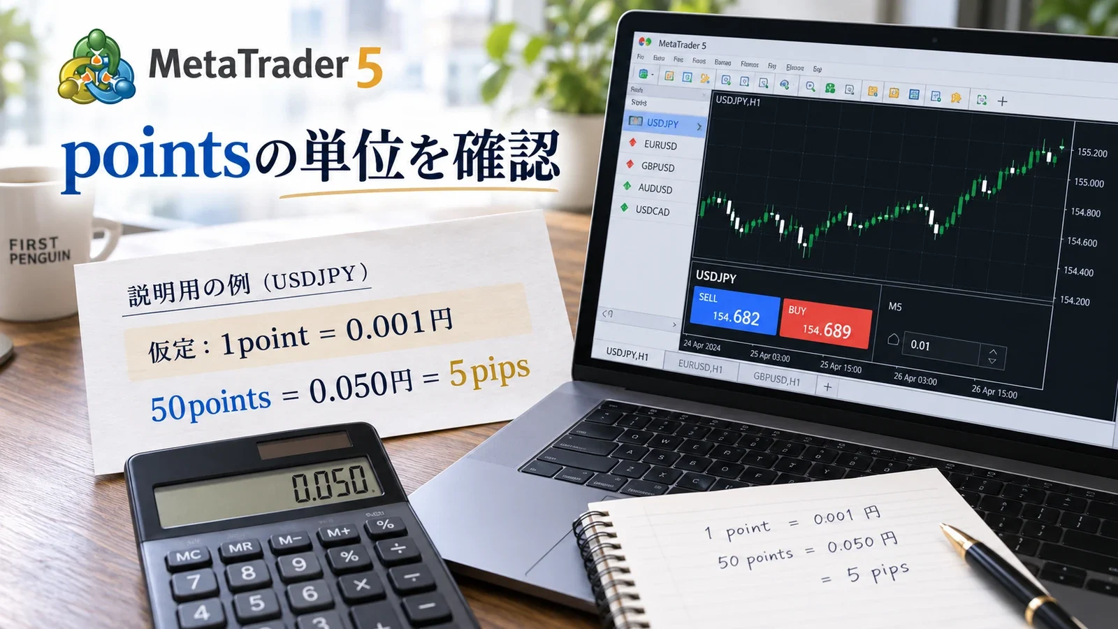 ドル円の仮定条件で50ポイントを0.050円・5pipsへ換算する説明用イメージ
