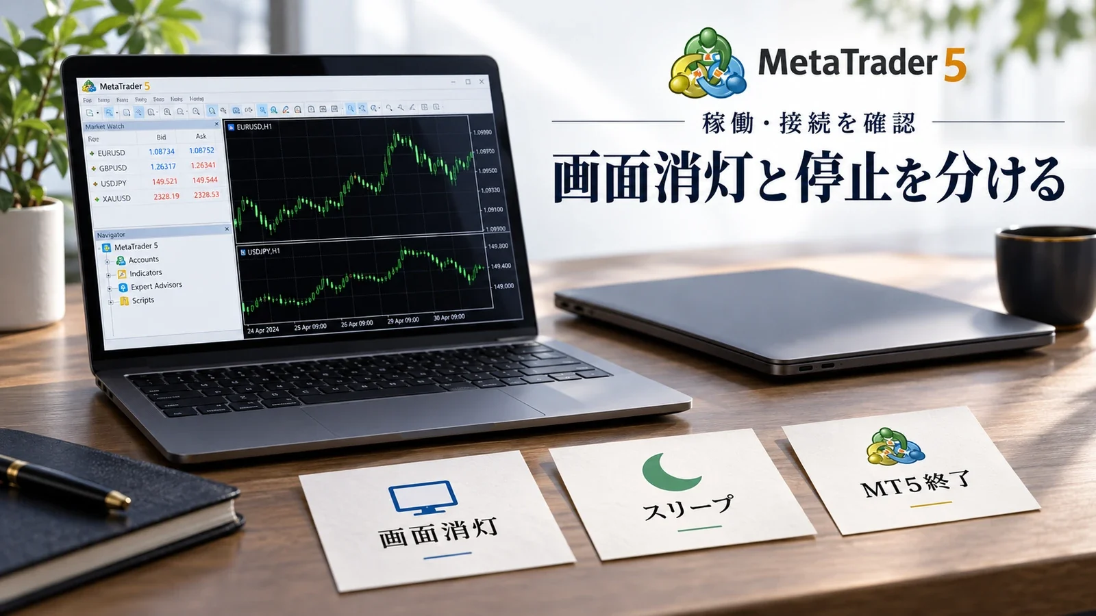 画面消灯・スリープ・MT5終了を区別して稼働と接続を確認する説明用イメージ
