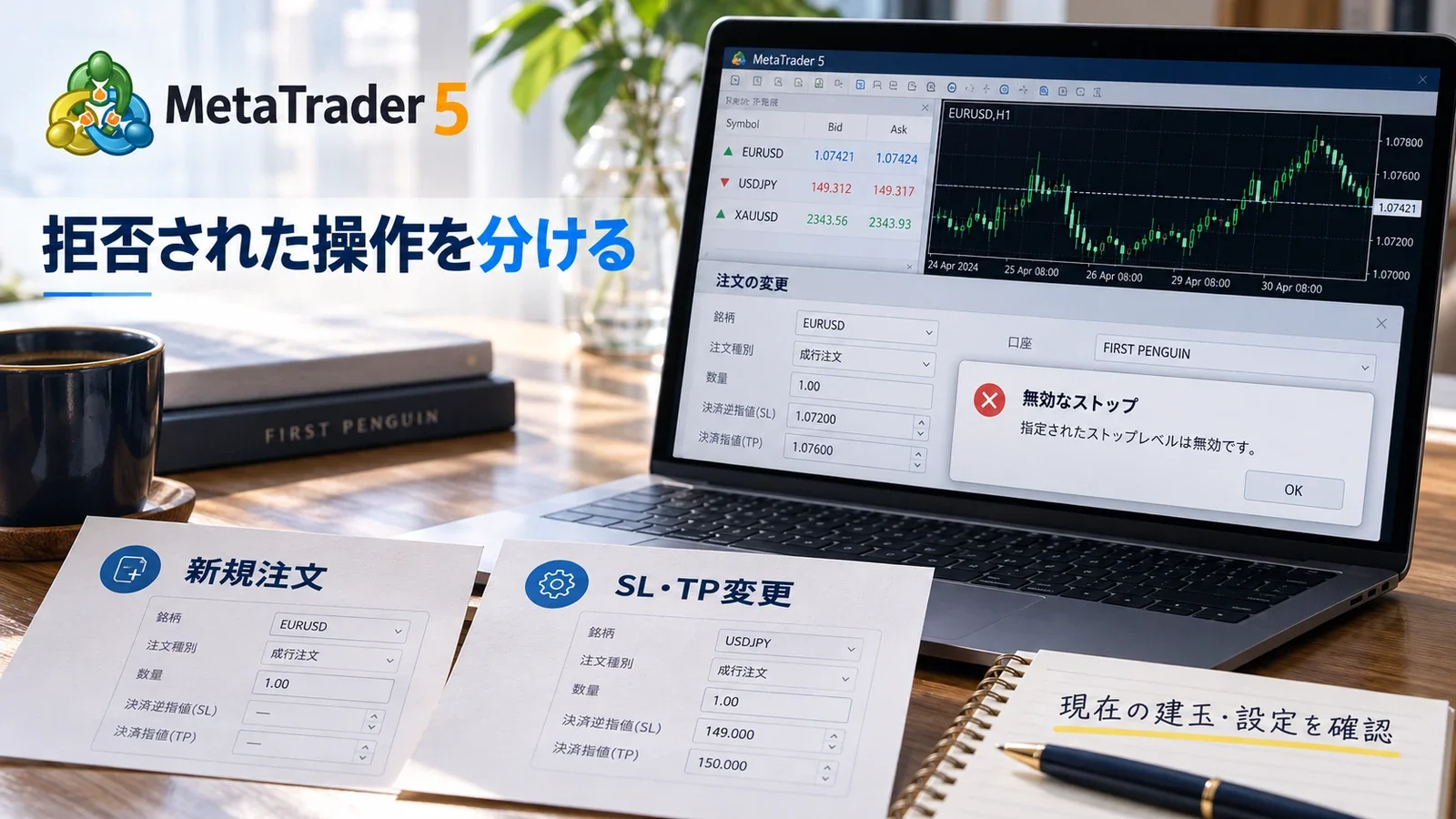 Invalid stopsが新規注文かSL・TP変更かを区別する説明用イメージ