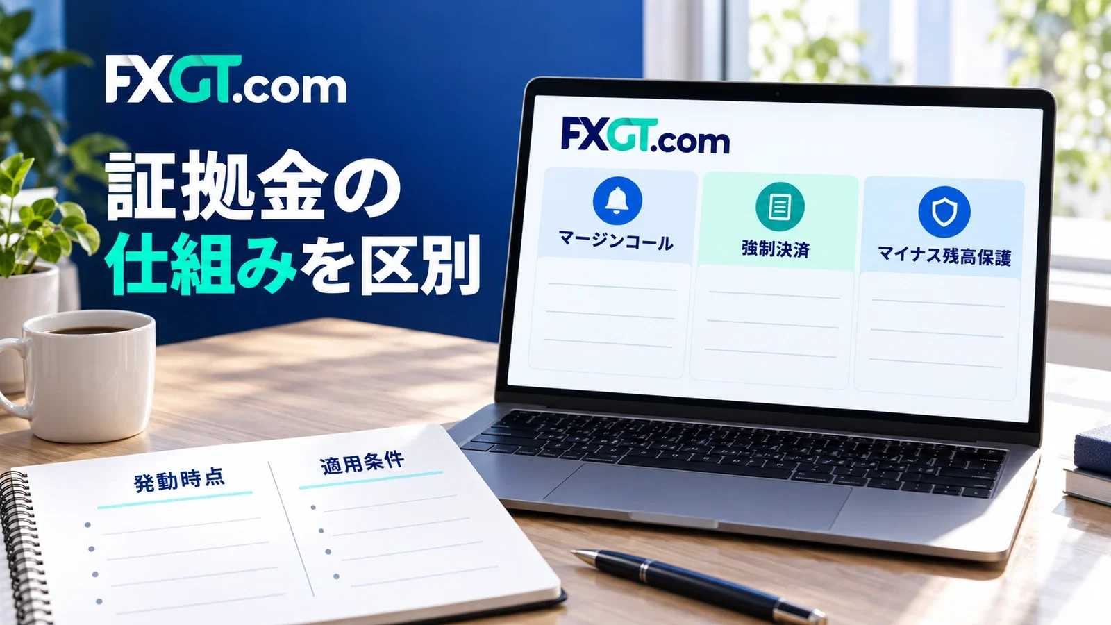 マージンコール・強制決済・マイナス残高保護の時点と条件を区別する説明用イメージ