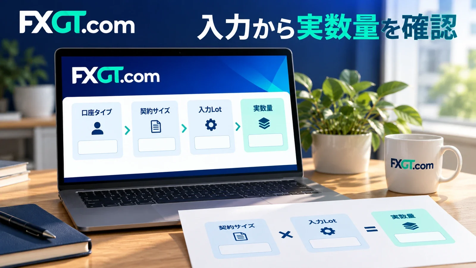 口座タイプ・契約サイズ・入力Lot・実数量を順に確認する説明用イメージ