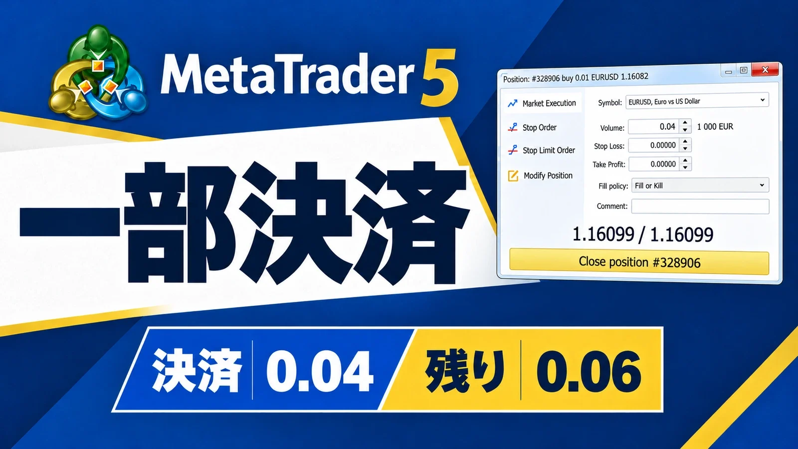 MetaTrader 5の一部決済画面と、決済する0.04 Lot・残る0.06 Lotの数量例を示す画像