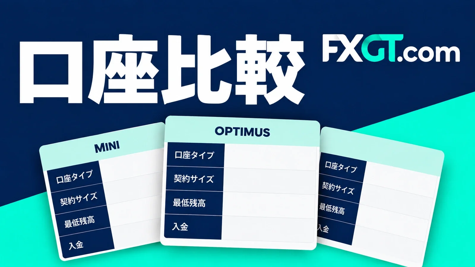 FXGTのロゴとMINI・OPTIMUSの比較カードで、口座の違いを表現した画像
