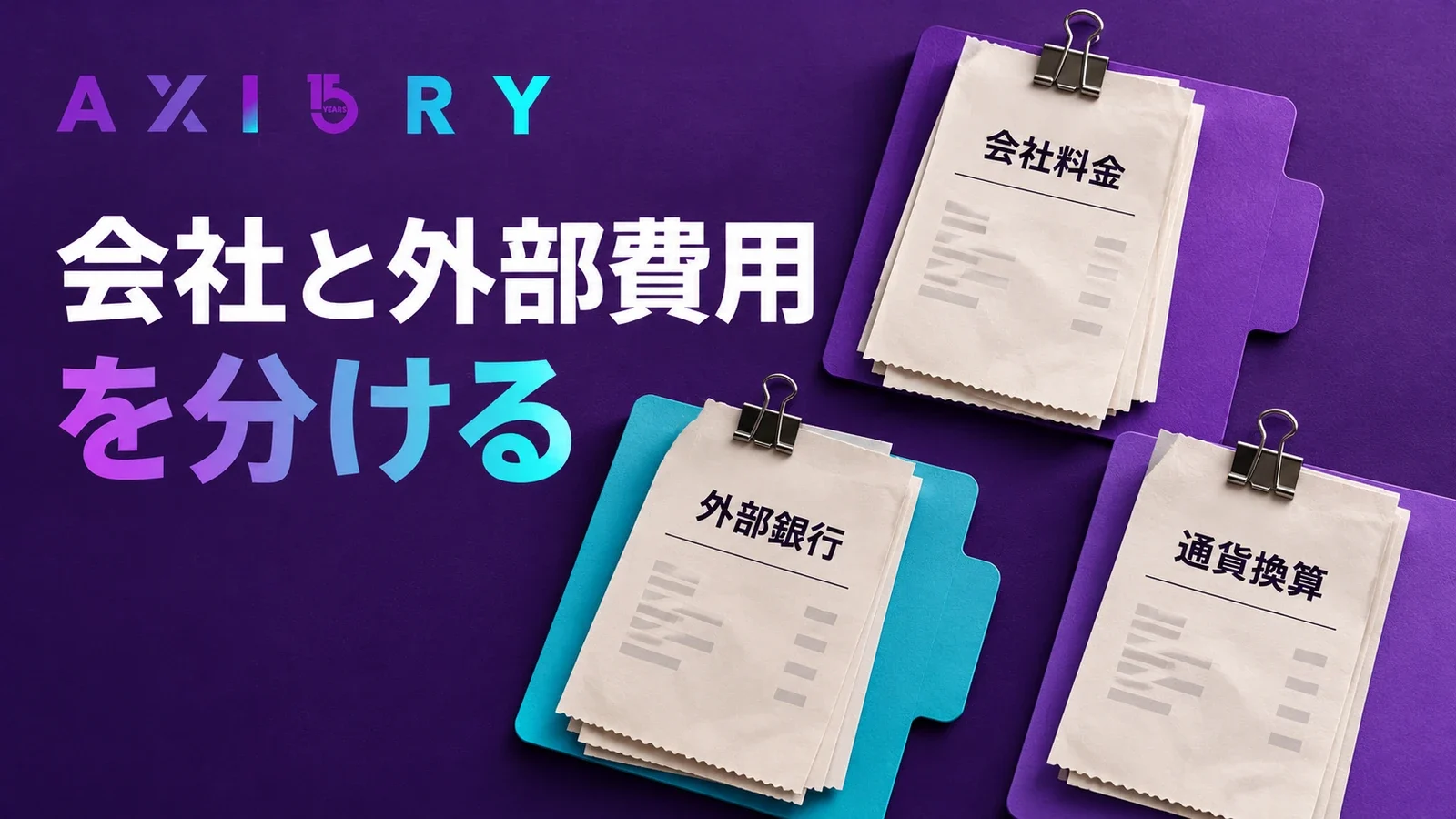 AXIORYの会社料金・外部銀行費用・通貨換算を分けて確認する図